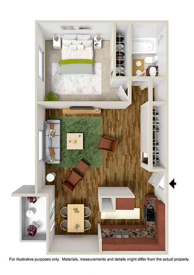 Floor plan for 1 bed, 1 bath, 825 sqft